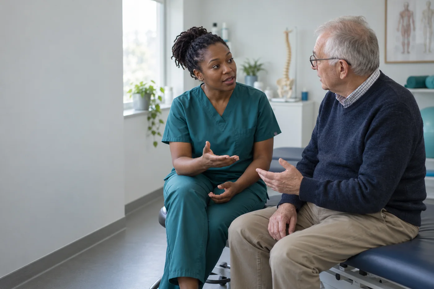 A physiotherapist discussing care with a patient